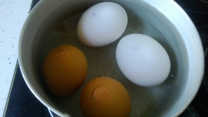 Кладем яйца в кастрюльку, заливаем холодной водой, посыпаем солью, ставим на огонь. После закипания через 5 минут яйца готовы. Заливаем холодной водой и даём им остыть.